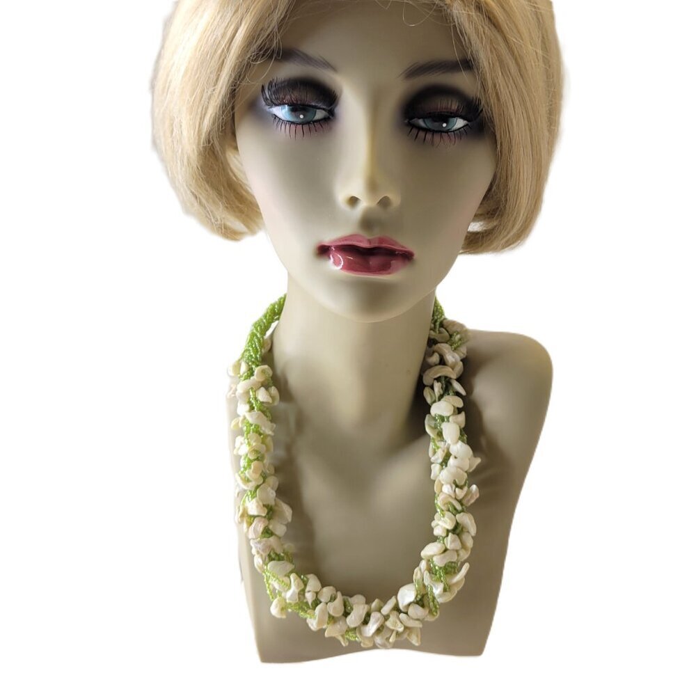 Chunky Green Shell Necklace ,Chips and  Green Beads Bib Necklace